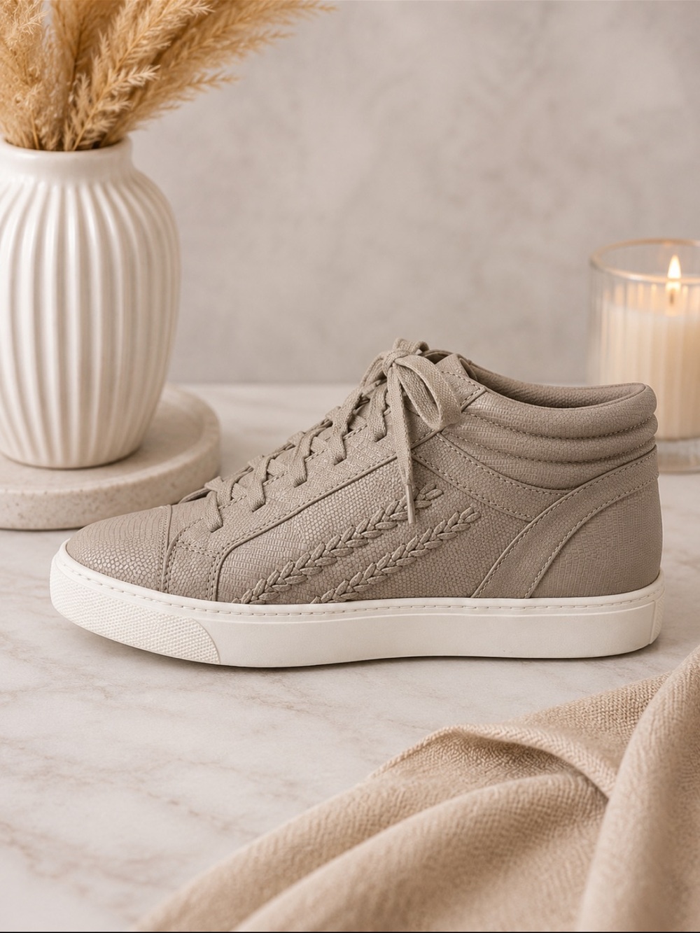 Othr Beige High-Top feaux Leather Knit Sneakers